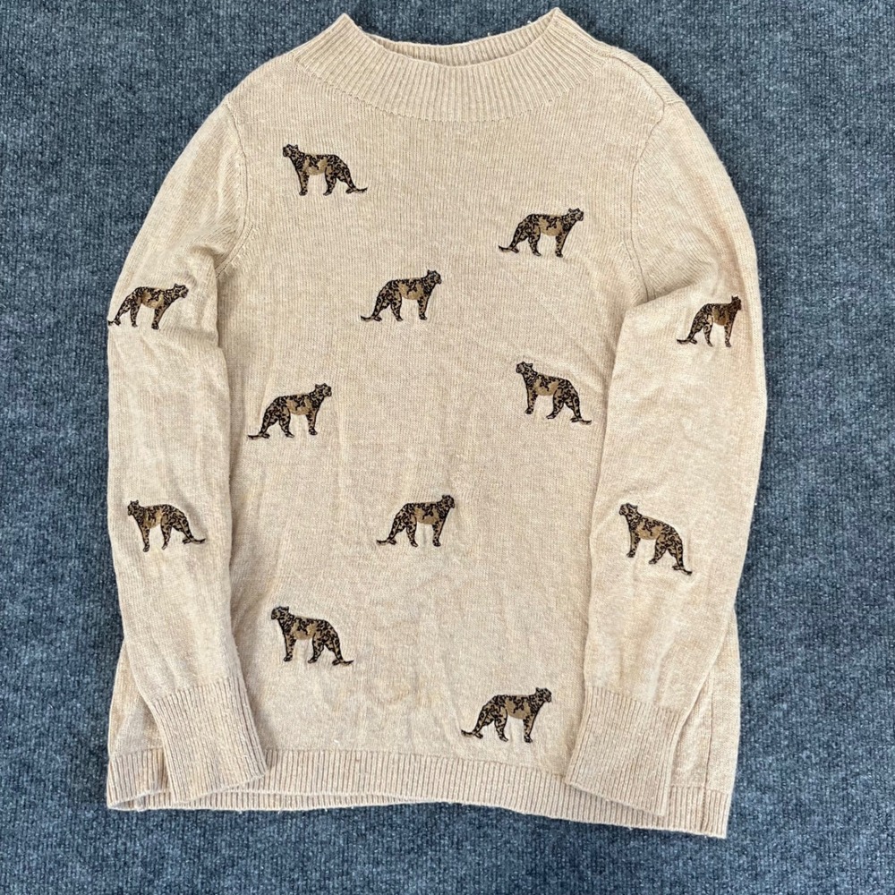 Chicos Leopard Embroidered Cashmere Blend Mock Neck Sweater Tan Beige Size 1 M